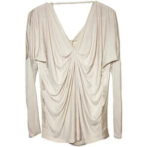 Gold Hawk Blouse 100% SIlk Long Sleeve Waterfall Ruch V-Neck Gold XSmall